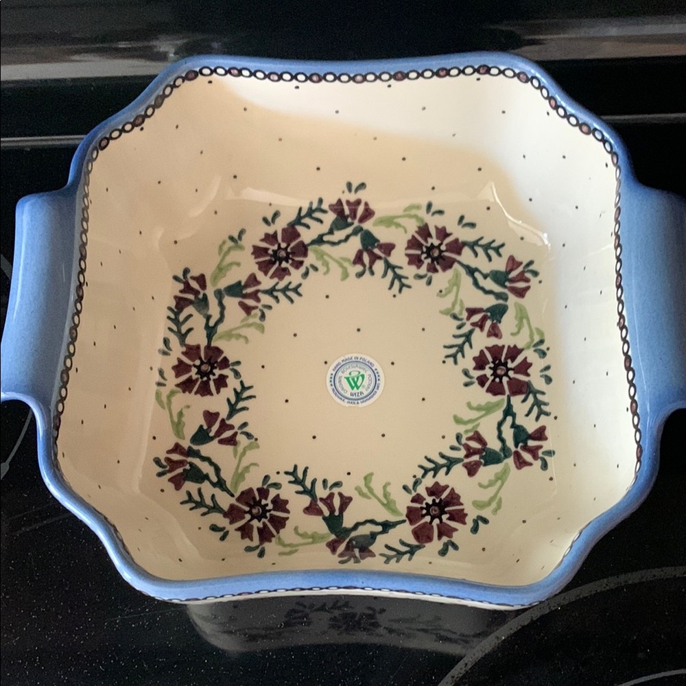 Floral Ceramic Baking Dish with Blue Trim
